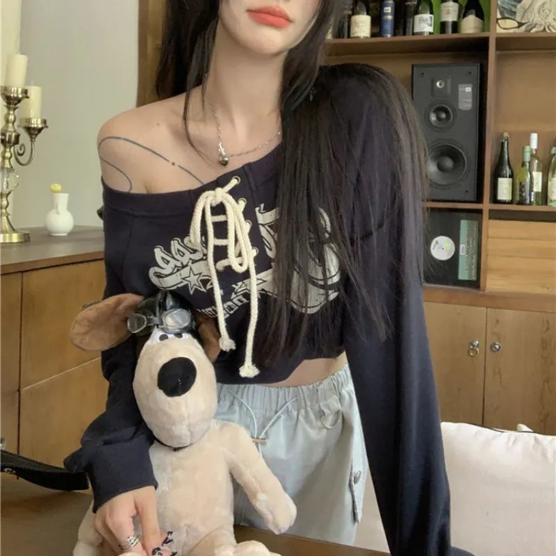 Deeptown Coquette Japanese Y2k Off Shoulder Sweatshirts Kpop Vintage Graphic Hoodies Korean Long Sleeve Beige Crop Outfits
