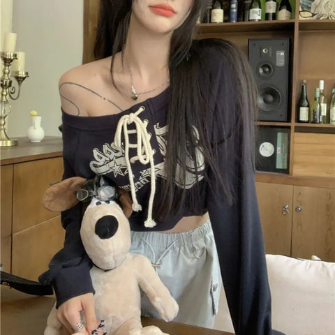 Deeptown Coquette Japanese Y2k Off Shoulder Sweatshirts Kpop Vintage Graphic Hoodies Korean Long Sleeve Beige Crop Outfits
