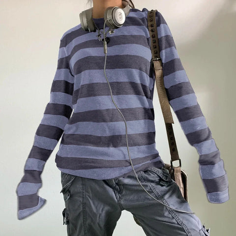 y2k Aesthetic T Shirt  Grey Striped Long Sleeve Tops Gothic E Girl Punk Dark Academia Clothes Streetwear