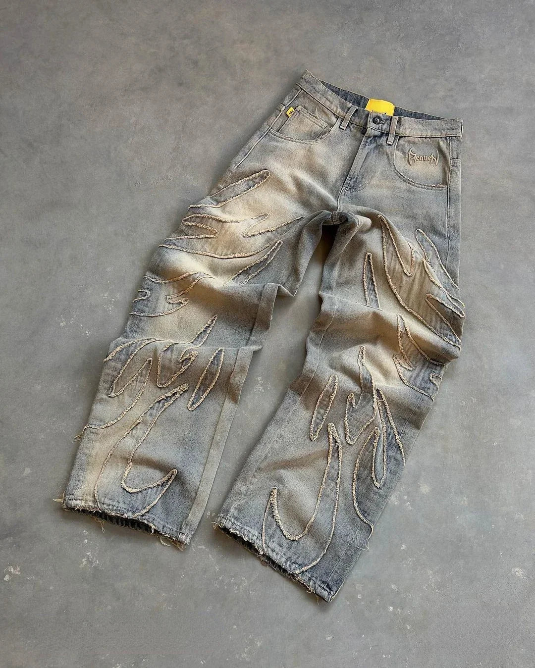Vintage Raw Edge Embroidery Denim Pants Streetwear Distressed Patchwork Baggy Jeans for Y2k Straight Wide Leg Trousers