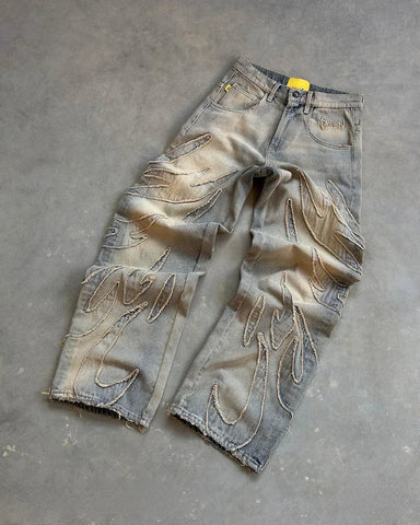 Vintage Raw Edge Embroidery Denim Pants Streetwear Distressed Patchwork Baggy Jeans for Y2k Straight Wide Leg Trousers