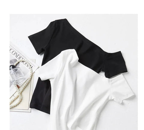Solid Off Shoulder Short Sleeve T Shirt Simple Basic Single Sleeved Jumper Top Streetwear Slim Fit FeY2K Clothes Tees