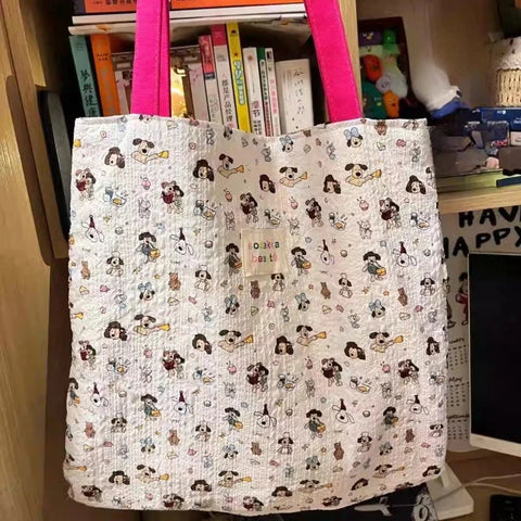 Sweet Kawaii Dog Print Canvas Underarm Bag High-capacity Cartoon Harajuku Shoulder Handbags Trendy Tote Bags Y2k Aesthetic
