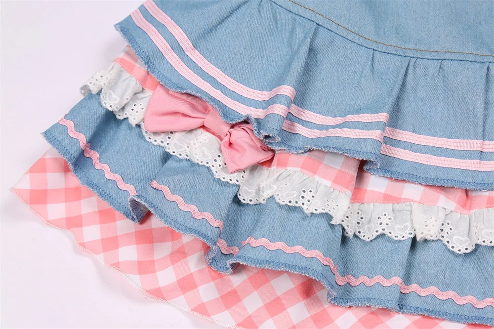 Y2k Kawaii Denim Skirt Mini Party Sweet Ball Gown Aesthetic High Waist Skirts 4 Layer Ruffle Cake Skirts E Girls Skater