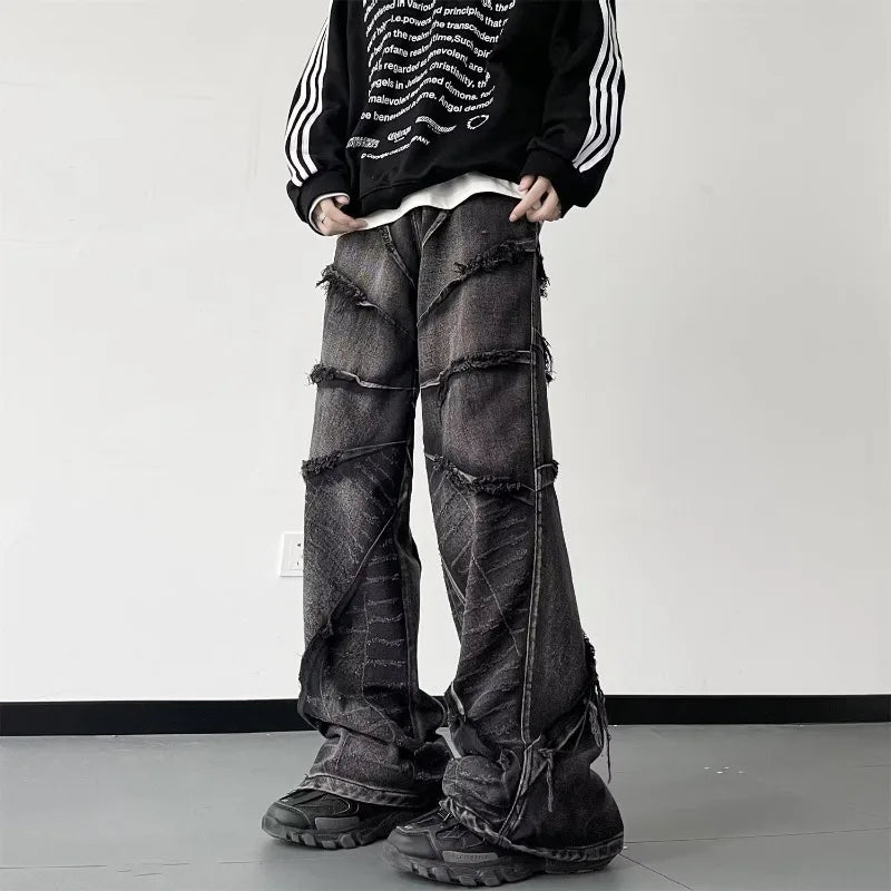 Voguable Y2K Punk Black American Street Rock Retro High Waist Oversized Jeans Raw Edge Washed Darkwear Wide Leg Trousers Men