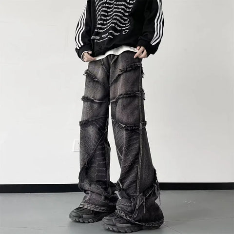 Voguable Y2K Punk Black American Street Rock Retro High Waist Oversized Jeans Raw Edge Washed Darkwear Wide Leg Trousers Men
