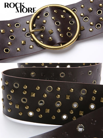 Voguable PU Vintage Wide Belt Rivet Pin Buckle Luxury Belts for Jeans Waistband Punk Rock Motorcycle Hip Hop Strap y2k