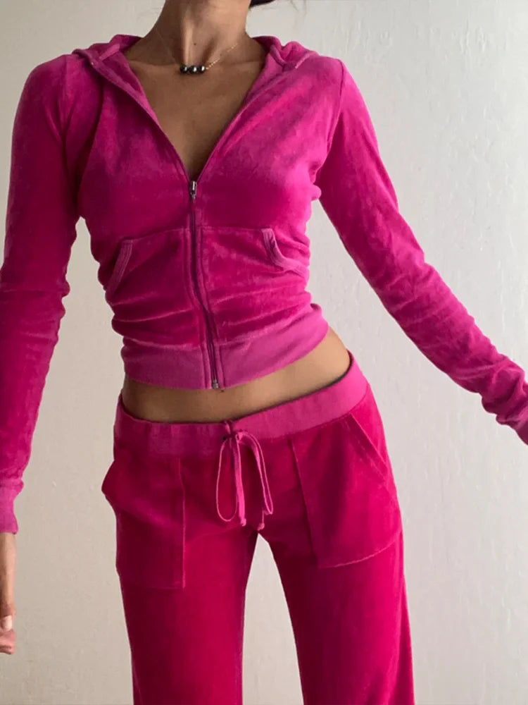 Voguable Two Piece Set Velvet Tracksuit Hooded Jacket and Sweatpants Outfits Y2K Aesthetic Slim Tops Fairy Grunge