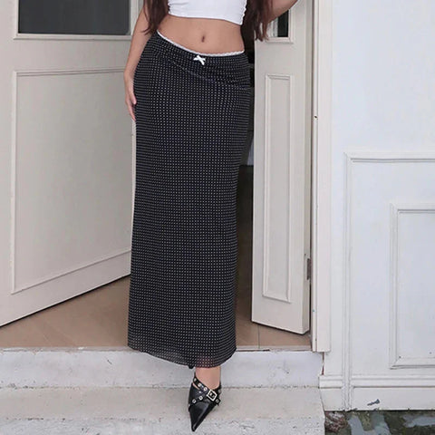 y2k Low Rise Black Long Skirt Cute Bow Patchwork Straight Skirts for Streetwear 2000s Ladies Elegant Bottoms Casual