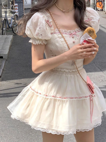 Voguable Sweet Square Neck 2 Piece Dress Set Short Sleeve Y2k Crop Tops + Casual Mini Skirt Korean FeSuit