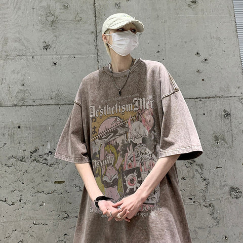 High Street  American Short Sleeve T-shirt Graffiti Loose Washed Trend Y2k Casual Top Tshirt Streetwear Cotton Tees