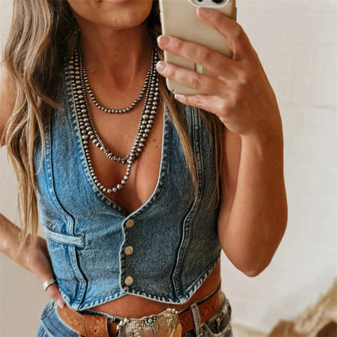 Denim Tank Tops for Solid Color V Neck Single Breasted Sleeveless Jeans Vest y2k Waistcoat Streetwear