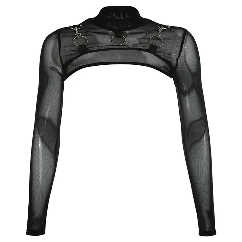 y2k Crop Top Gothic Clothing See Through High Neck Long Sleeve Mesh T Shirt Fairy Grunge Clothes 2000s Streetwear