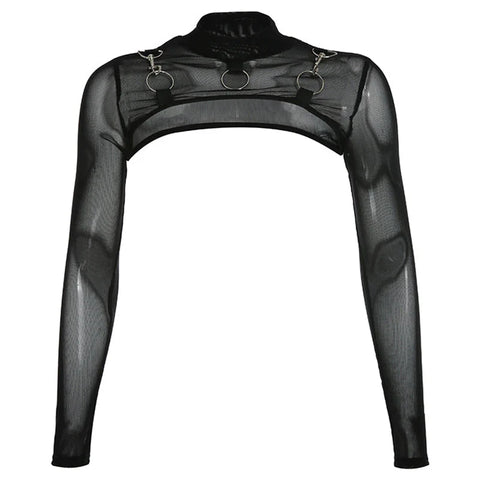 y2k Crop Top Gothic Clothing See Through High Neck Long Sleeve Mesh T Shirt Fairy Grunge Clothes 2000s Streetwear