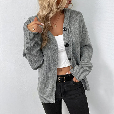 Winter Knitwear Y2k Harajuku Casual Single Breasted Solid Color Hooded Drawstring Knit Cardigan Sweater Women
