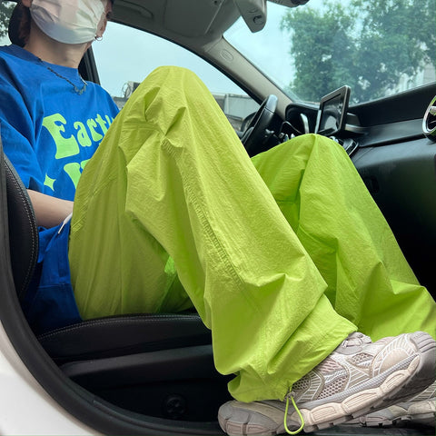 American Trend Y2k Parachute Casual Pants Baggy Solid Color Quick Drying Cargo Pants Waterproof Ice Silk Straight Trousers