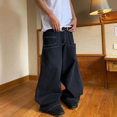 Vintage Streetwear Baggy Jeans Retro Y2K High Waist Jeans Casual Crossover Cargo Pants Wide Leg Pants