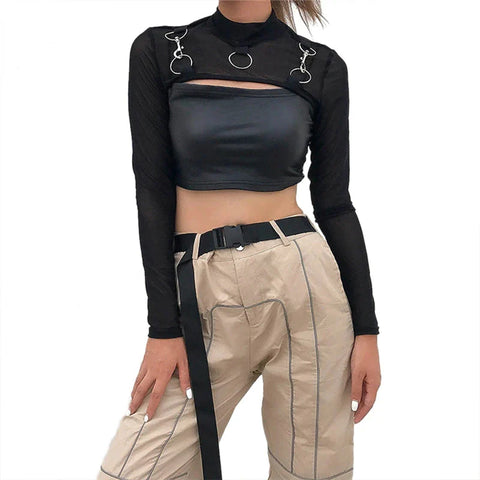 y2k Crop Top Gothic Clothing See Through High Neck Long Sleeve Mesh T Shirt Fairy Grunge Clothes 2000s Streetwear