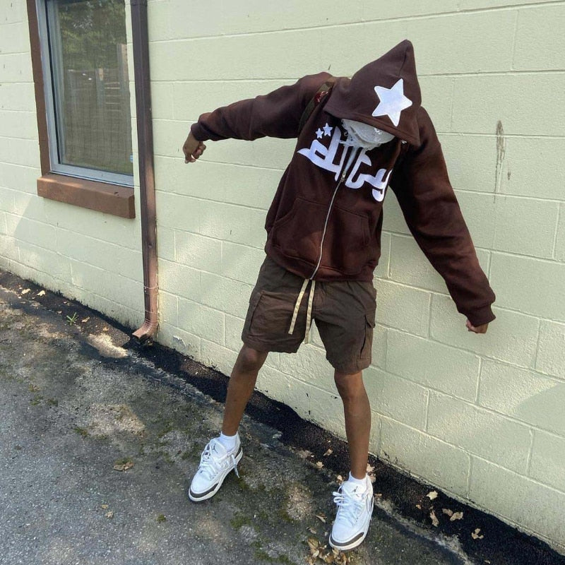 Voguable Star Letter Print Hoodie Zip Up Long Sleeve Oversized Jacket Coat Harajuku Gothic Hooded Sweatshirt Y2K Teen Clothes