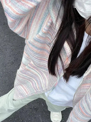 Japanese Y2k Rainbow Striped Kawaii Cardigans All Match Hooded Sweaters Loose Zipper Grunge Knitted Coat Pull Femme