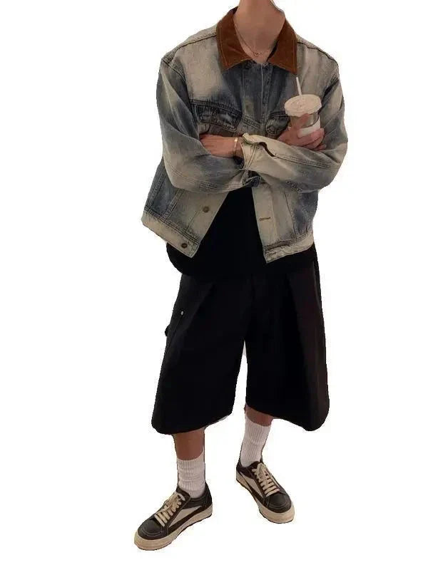 and Style Distressed Denim Jacket Korean Style Premium Contrast Color Casual Lapel Clothing Y2k