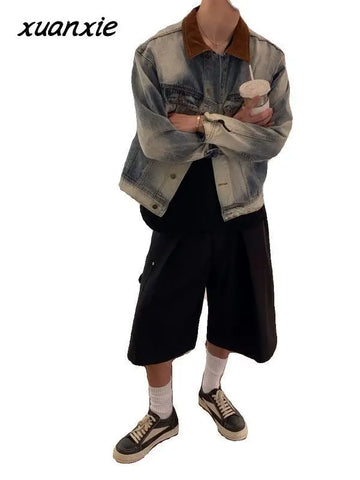 and Style Distressed Denim Jacket Korean Style Premium Contrast Color Casual Lapel Clothing Y2k