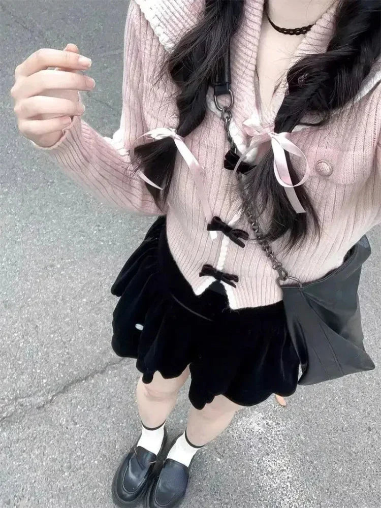 Voguable  Pink Sweet Cardigan Long Sleeve Y2k High Waist Knitted Coats Tops Japan Style Bow Sweaters Kawaii Slim Fit Women