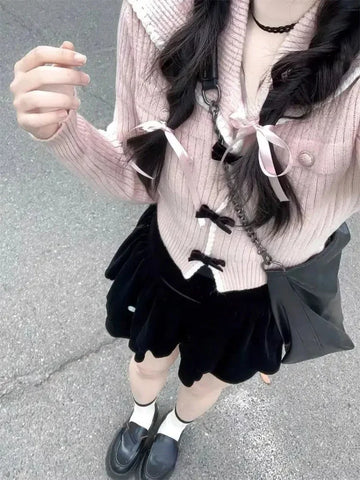 Voguable  Pink Sweet Cardigan Long Sleeve Y2k High Waist Knitted Coats Tops Japan Style Bow Sweaters Kawaii Slim Fit Women