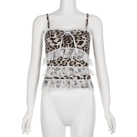 Voguable  Y2K Leopard Print Lace Ruffle Patchwork Camis Brown Coquette Aesthetic Slim-fit Bow Tank Tops Cute Fairycore Vest Cute