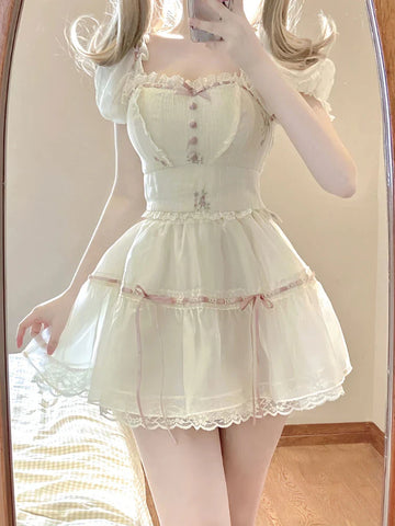 Voguable Sweet Square Neck 2 Piece Dress Set Short Sleeve Y2k Crop Tops + Casual Mini Skirt Korean FeSuit