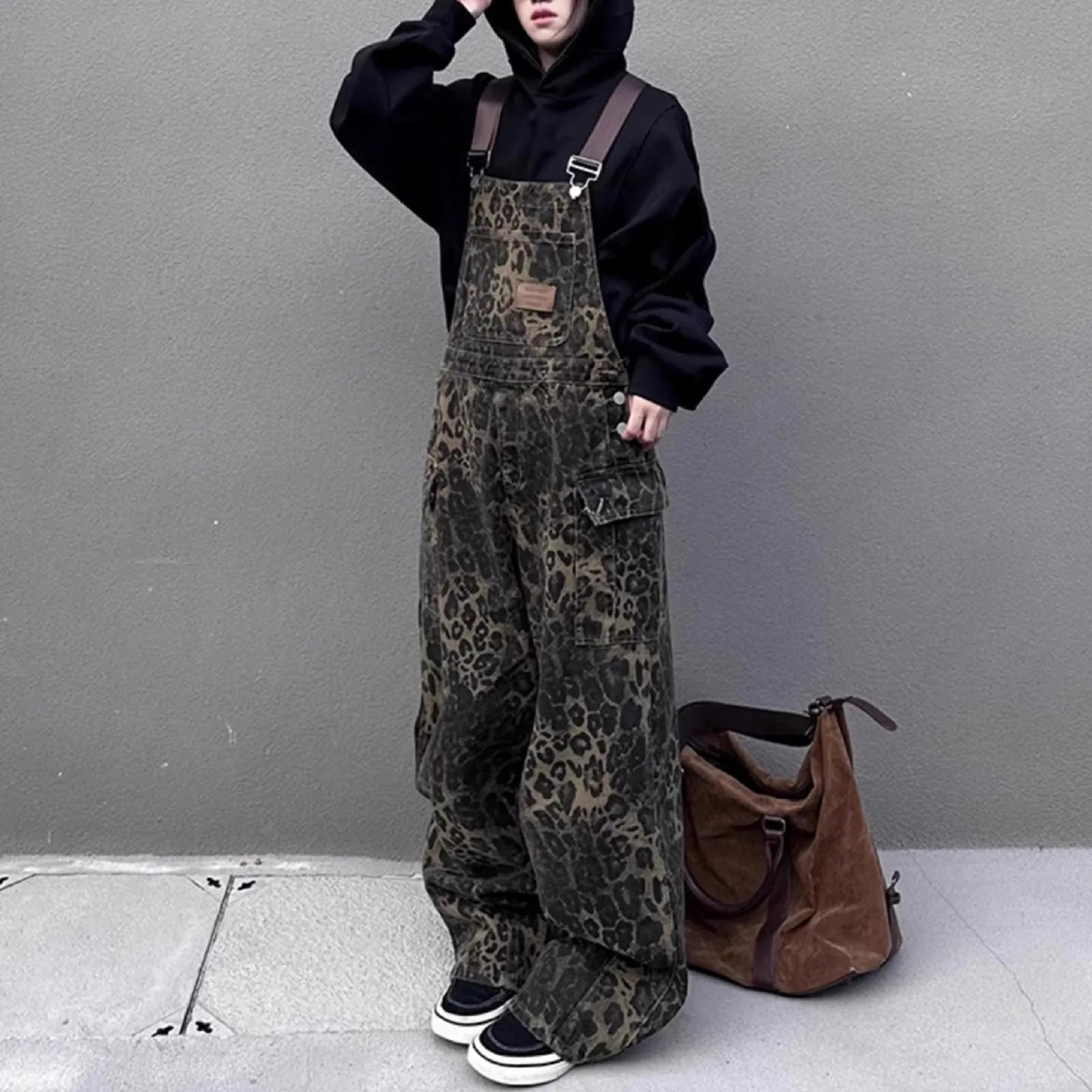 Leopard Jumpsuits Y2k Clothes Streetwear Wide Leg Baggy Jumpsuits Multi-Pocket Loose Cargo Overalls Rompers