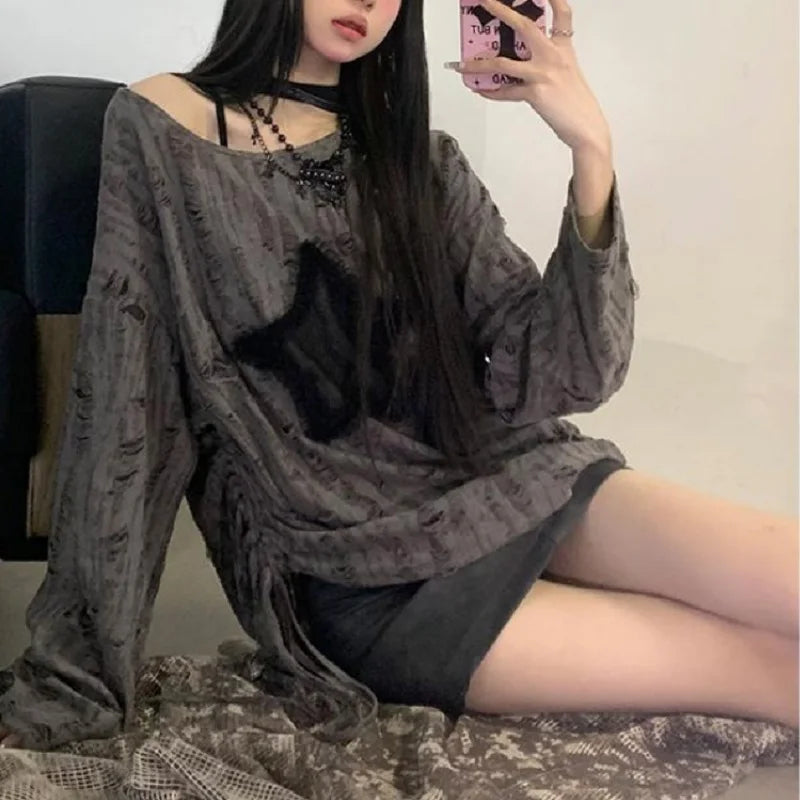 T-Shirt Star Print Y2k Aesthetic Loose Tees Kpop Fairycore Ripped Tshirt Harajuku Gothic Streetwear