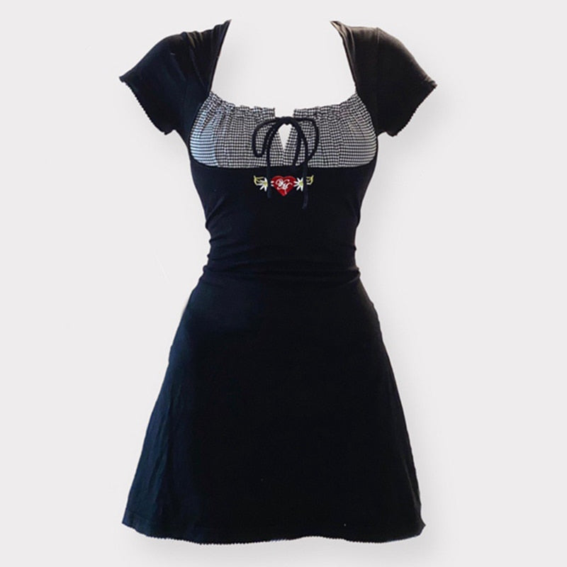 Voguable  Vintage Kawaii Bow Embroidery Mini Dress Patchwork Square Collar Short Sleeve Black Dress Retro Y2K Aesthetic Fairy Clothes