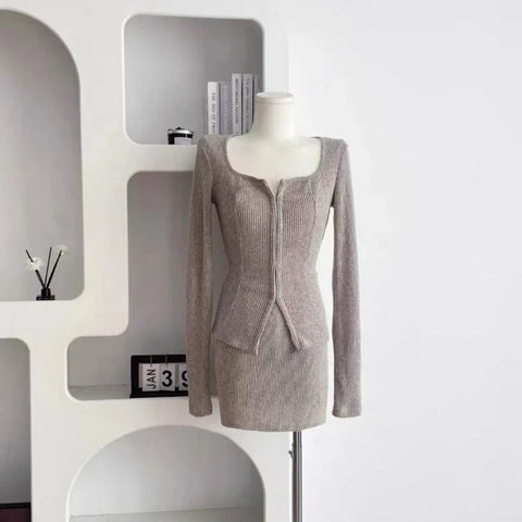 Voguable  2 Piece Dress Set Elegan Casual Long Sleeve Knitted Suits Y2k Crop Tops + Bodycon High Waist Mini Skirt Korean