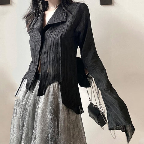 Voguable Gothic Black Shirt Yamamoto Style Dark Aesthetic Blouse Irregular Designer Clothes Emo Alt Clothes Grunge Tops Y2k