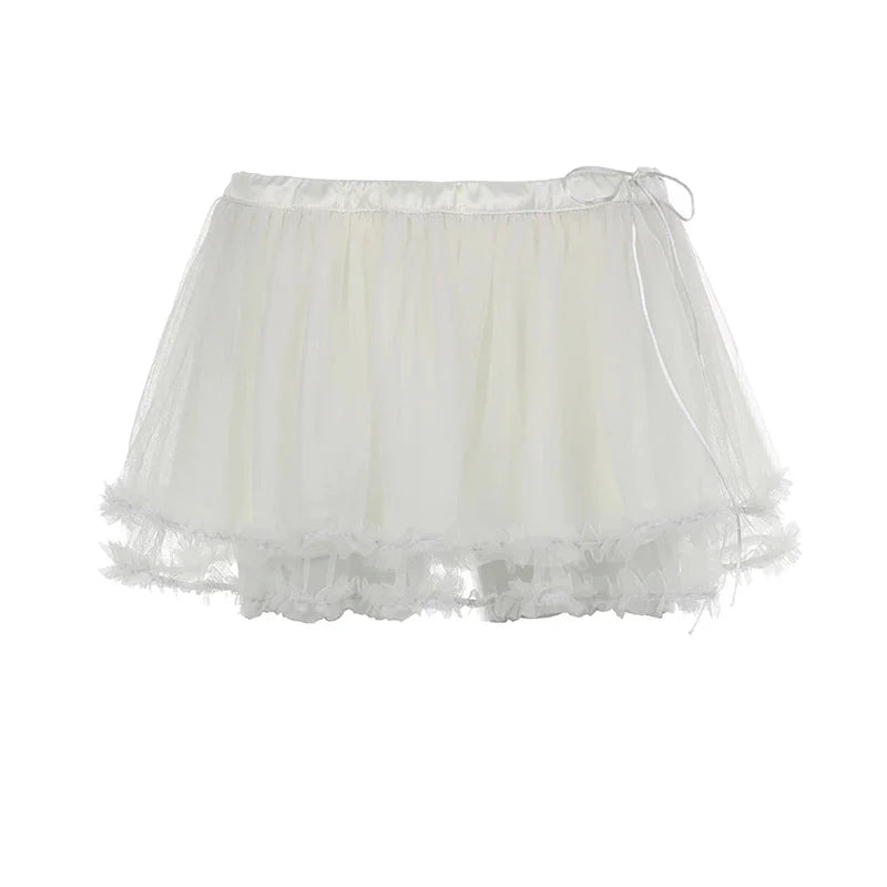 Transparent Mesh Pleated Skirt y2k Aesthetic Lace-up Low Waist A-line Mini Skirts Fairycore Coquette Outfits Ladies Chic