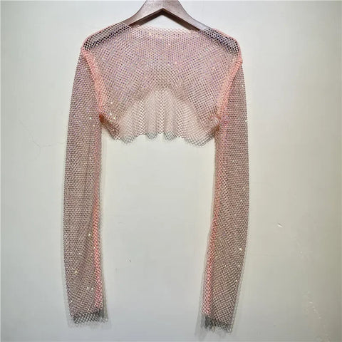 Sparkly Crystal T-shirts O-Neck Hollow Out See Through Tank Tops Night Partywear Crop Shirts Tee Y2K Tops