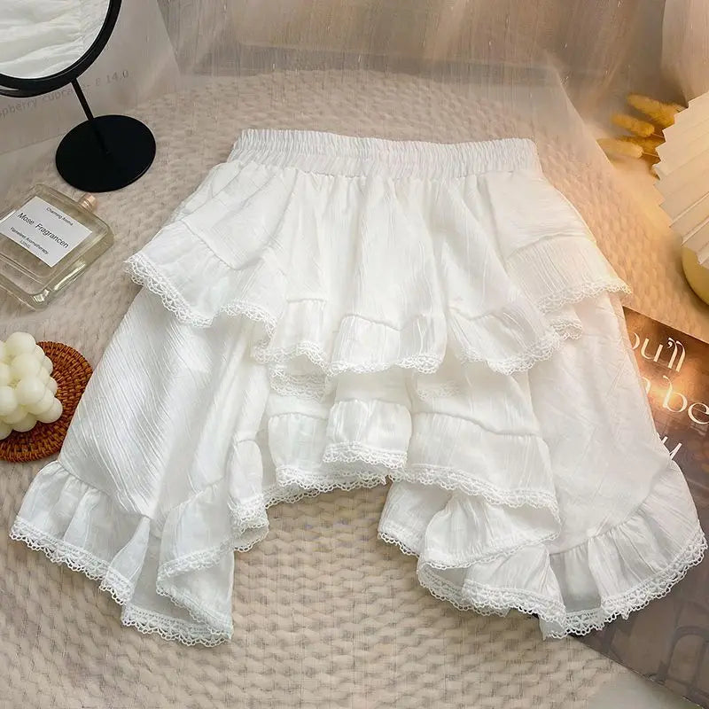 Voguable Elastic Waist White Black Irregular Mini Kawaii Skirt Japanese Style School Y2k Aesthetic Ruffles Short Skirt Streetwear