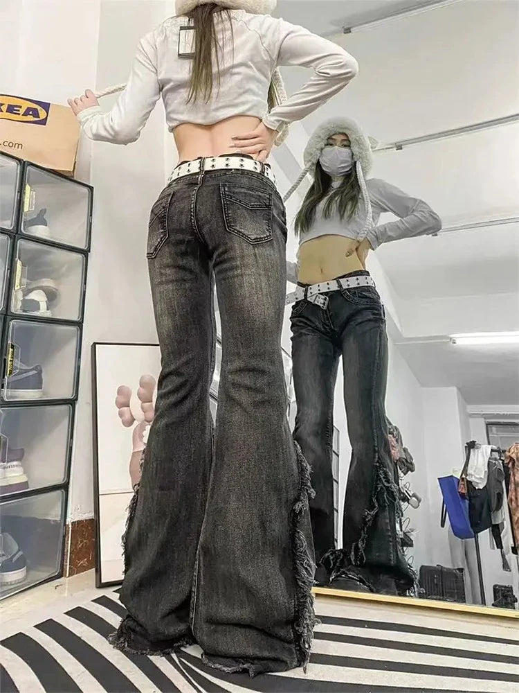 Y2k Flared Jeans for Low Rise Washed Denim Pants FeAmerican Vintage Clothes Raw Edge Design Patchwork