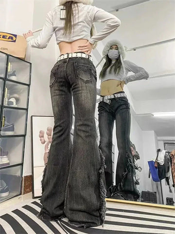 Y2k Flared Jeans for Low Rise Washed Denim Pants FeAmerican Vintage Clothes Raw Edge Design Patchwork
