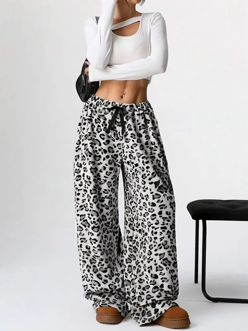 Winter Loose Leopard Print Casual Pants Y2k Casual Street Style Europe And America Trend Wide-Leg Pants