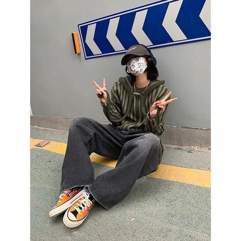 Korean Hooded Loose Harajuku Sweaters Striped Zipper Cardigan Knitted Gothic Y2k Tops Jumper