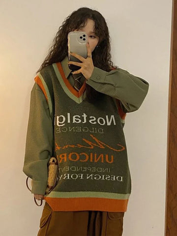 Voguable Vintage Harajuku Letter Knitted Vest Preppy Style Loose Bf Y2K Tops Japan Loose All Match V Neck Casual Sweater Vest