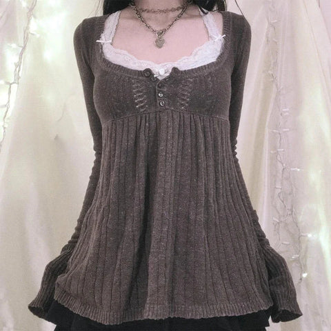 Vintage Babydoll Tops Pullovers Lady Aesthetic Coquette Knit Sweaters Outfit Square Neck Long Sleeve Knitwear Jumpers Y2k