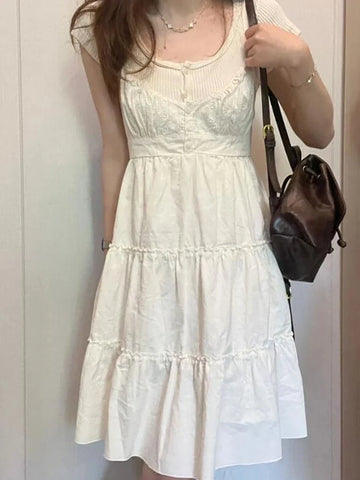 Voguable  Vintage Girls y2k Sweet Cascading Yellow Dress Ladies Soft Cotton Cute Midi Dresses for Chic Outfits