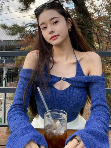 Y2K Top Long Sleeve T-Shirts 2 Piece Tops Halter Tanks Backless Crop Top Off Shoulder Tees Christmas Clothes