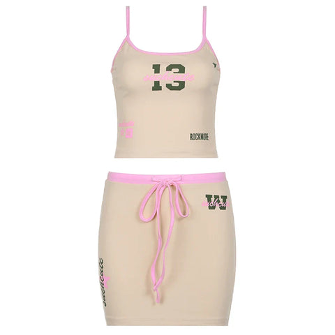 Voguable  Y2K Letter Print Crop Top and Drawstring Mini Skirt Two Piece Set Casual Basic Fitness Suit Streetwear Holiday