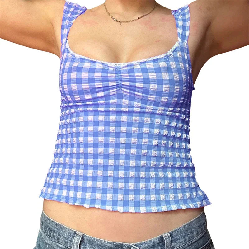 y2k Tops for Fairycore Clothing Plaid Print Lace Trim Sleeveless Tanks T Shirts 2000s Clothing Streetwear