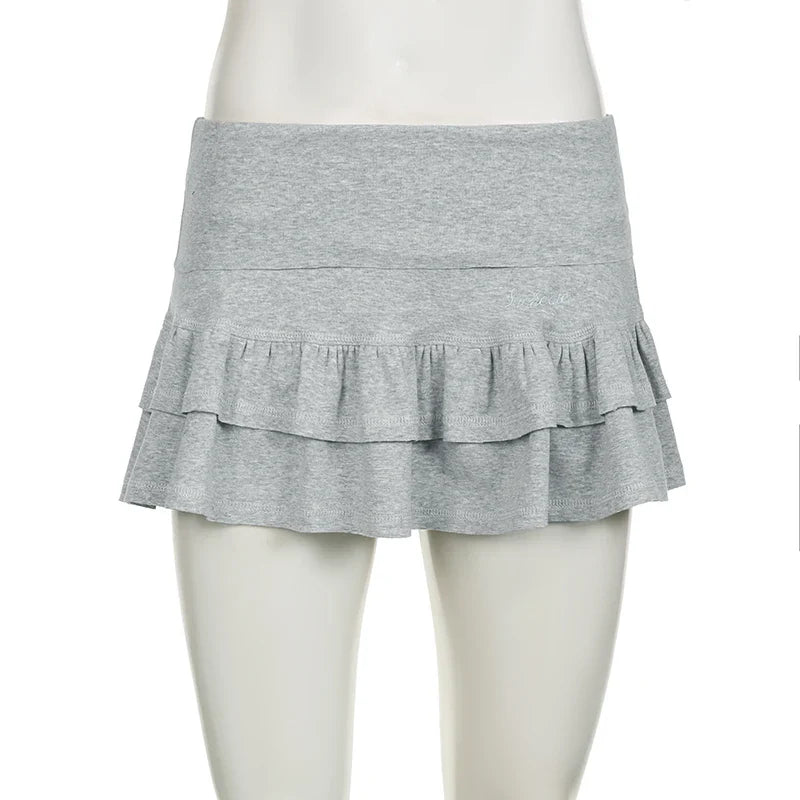 Voguable  Sweet Ruffle Tiered Mini Shorts Skirt Pink Grey Low-waisted A-line Pleated Skirts with Safety Pants Korean Japanese Y2K