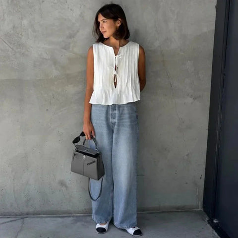 Y2K Korean White Linen Cotton Pleated Lace Up Sleeveless Short Shirt Crop Top Blouse Pleated Shirts Clothes